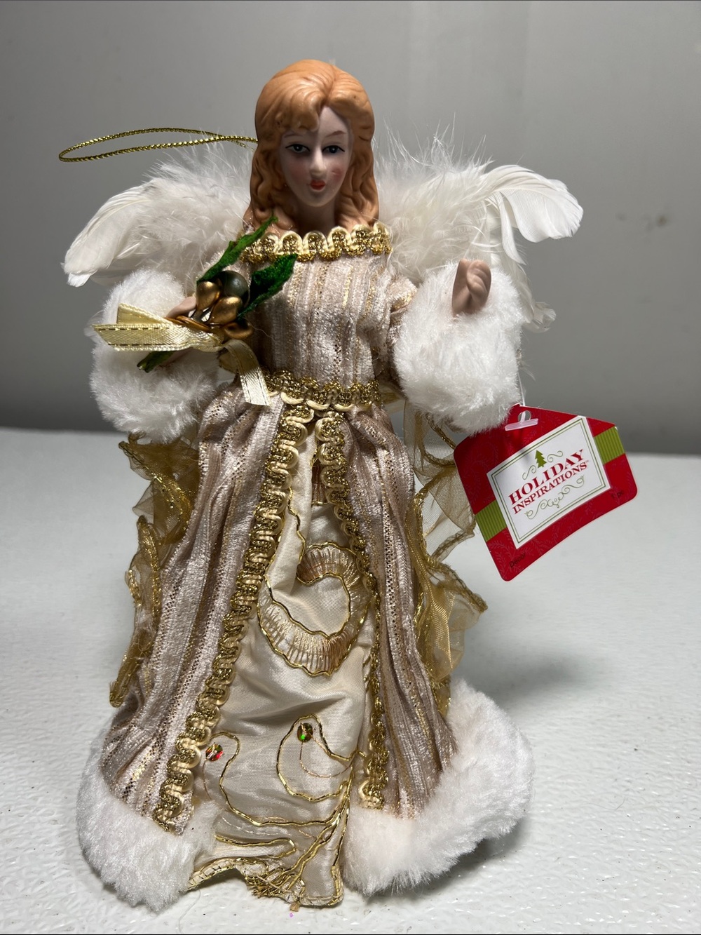 Holiday Inspirations Gold and Cream Porcelain Angel Tree Topper New